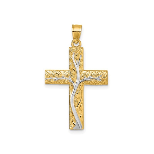 14K Yellow and White Gold Floral Tree with Leaves Cross Pendant