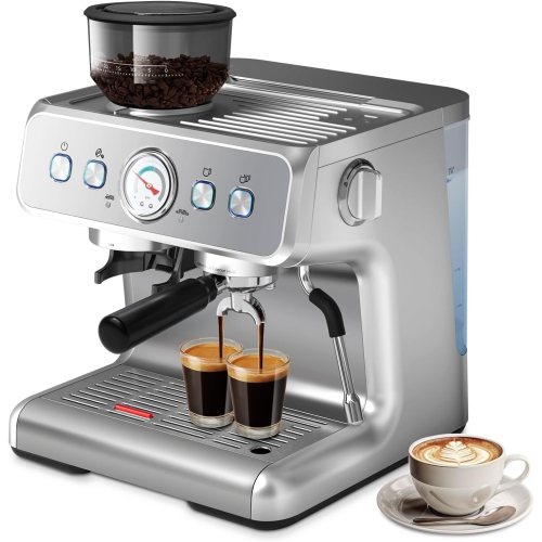 ZAFRO Espresso Machine, 15 Bar Semi-Automatic Espresso Machine With Grinder & Milk Frother Steam Wand, 1350W Home Cappuccino Latte Machine With Removable 75 OZ Water Tank, Stainless Stee