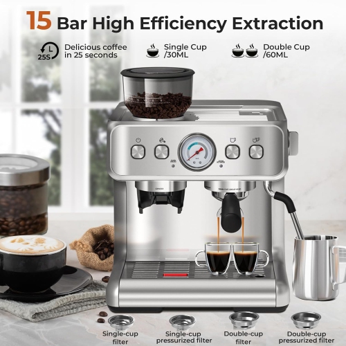 Espresso Machine, 15 Bar Semi-Automatic Espresso Machine with Grinder & Milk Frother Steam Wand, 1350W Home Cappuccino Latte Machine with Removable
