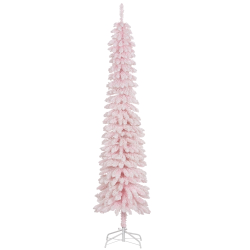 HOMCOM 7 FT Snow-Flocked Artificial Christmas Tree, Slim Pencil Xmas Tree with Realistic Branches, Metal Base, Pink