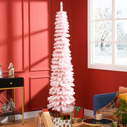 HOMCOM 7 FT Snow-Flocked Artificial Christmas Tree, Slim Pencil Xmas Tree with Realistic Branches, Metal Base, Pink