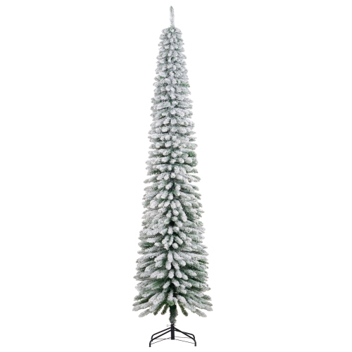 HOMCOM  9 Ft Snow-Flocked Artificial Christmas Tree, Slim Pencil Xmas Tree With Realistic Branches, Metal Base In Green