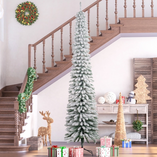 HOMCOM 9 FT Snow-Flocked Artificial Christmas Tree, Slim Pencil Xmas Tree with Realistic Branches, Metal Base, Green