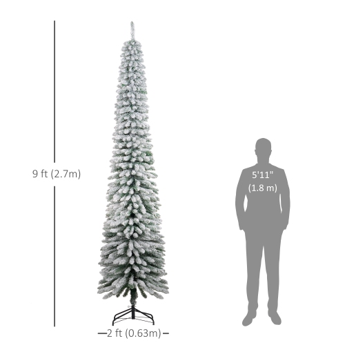 HOMCOM 9 FT Snow-Flocked Artificial Christmas Tree, Slim Pencil Xmas Tree with Realistic Branches, Metal Base, Green