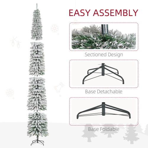 HOMCOM 9 FT Snow-Flocked Artificial Christmas Tree, Slim Pencil Xmas Tree with Realistic Branches, Metal Base, Green