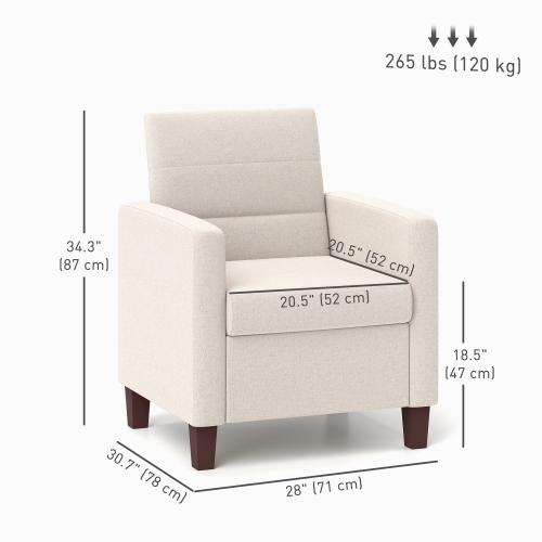 HOMCOM – Fauteuil d'appoint moderne en tissu avec coussin de siège et coussins antidérapants pour le salon, la chambre à coucher, blanc crème