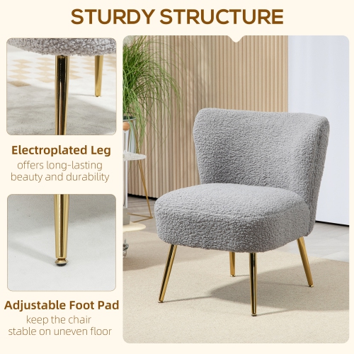 HOMCOM Armless Accent Chair for Bedroom, Upholstered Side Chairs for Living Room with Gold Steel Legs, Slipper Chair, Charcoal Grey