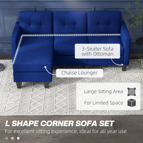 HOMCOM Sectional Sofa with Changeable Chaise, 3 Seater Corner Sofa with Ottoman, L Shape Couch with Thick Padded Cushion for Living Room, Office,