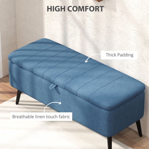 HOMCOM – Pouf de rangement avec dessus rabattable, banc rectangulaire recouvert, repose-pieds en lin avec pattes en acier pour salon, chambre à