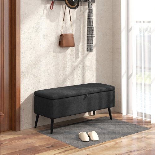 HOMCOM – Pouf de rangement avec dessus rabattable, banc rectangulaire recouvert, repose-pieds en lin avec pattes en acier pour le salon, la chambre à