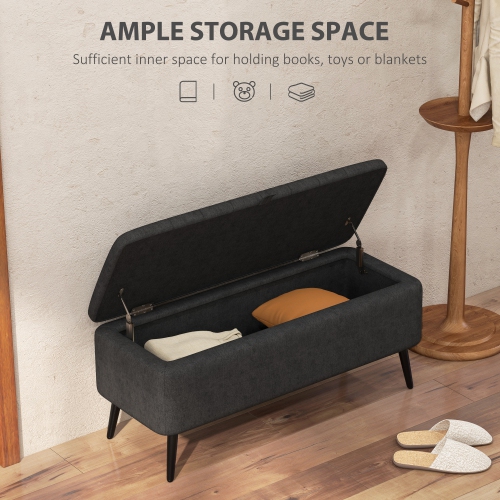 HOMCOM – Pouf de rangement avec dessus rabattable, banc rectangulaire recouvert, repose-pieds en lin avec pattes en acier pour le salon, la chambre à