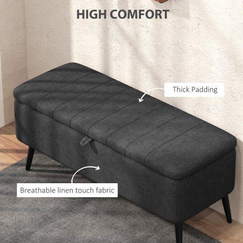 HOMCOM – Pouf de rangement avec dessus rabattable, banc rectangulaire recouvert, repose-pieds en lin avec pattes en acier pour le salon, la chambre à