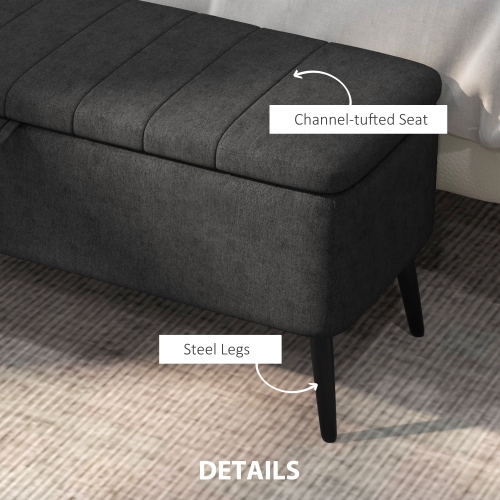 HOMCOM – Pouf de rangement avec dessus rabattable, banc rectangulaire recouvert, repose-pieds en lin avec pattes en acier pour le salon, la chambre à