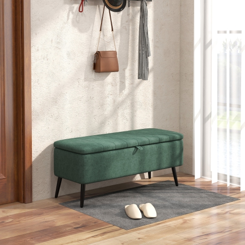 HOMCOM – Pouf de rangement avec dessus rabattable, banc rectangulaire recouvert, repose-pieds en lin avec pattes en acier pour le salon, la chambre à