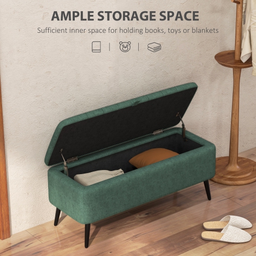 HOMCOM – Pouf de rangement avec dessus rabattable, banc rectangulaire recouvert, repose-pieds en lin avec pattes en acier pour le salon, la chambre à