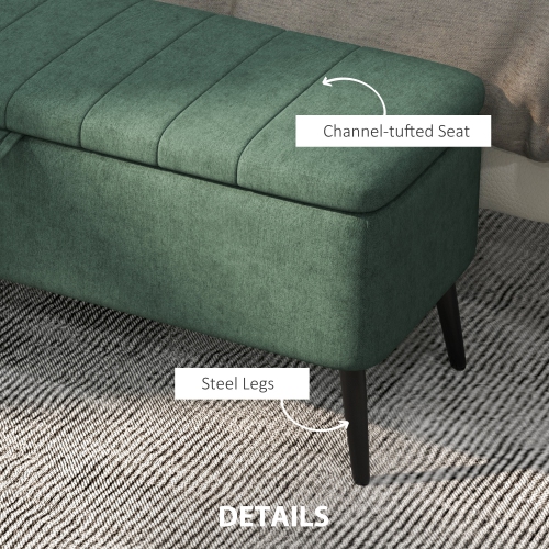 HOMCOM – Pouf de rangement avec dessus rabattable, banc rectangulaire recouvert, repose-pieds en lin avec pattes en acier pour le salon, la chambre à