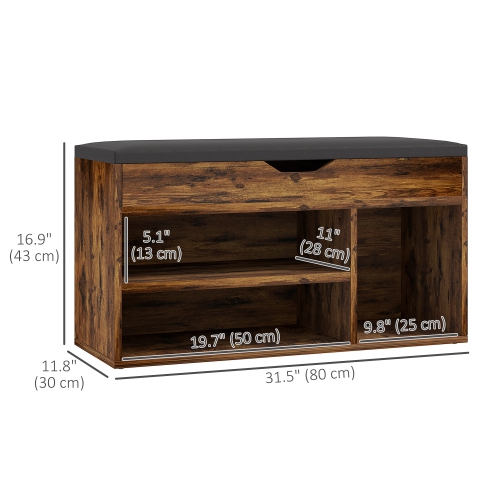 HOMCOM – Banc d'entrée à chaussures avec coussin rembourré en polyuréthane, rangement dissimulé pour chambre à coucher de couloir, brun rustique