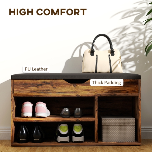 HOMCOM – Banc d'entrée à chaussures avec coussin rembourré en polyuréthane, rangement dissimulé pour chambre à coucher de couloir, brun rustique