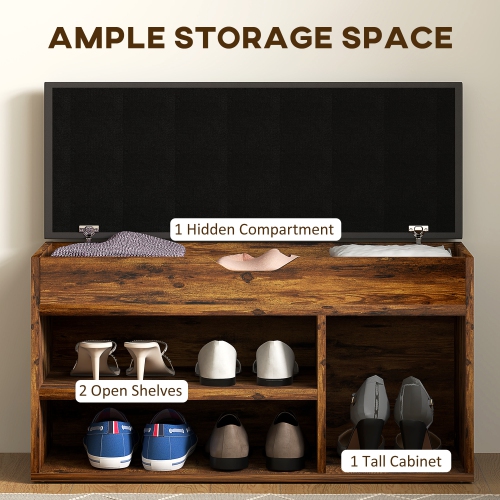HOMCOM – Banc d'entrée à chaussures avec coussin rembourré en polyuréthane, rangement dissimulé pour chambre à coucher de couloir, brun rustique