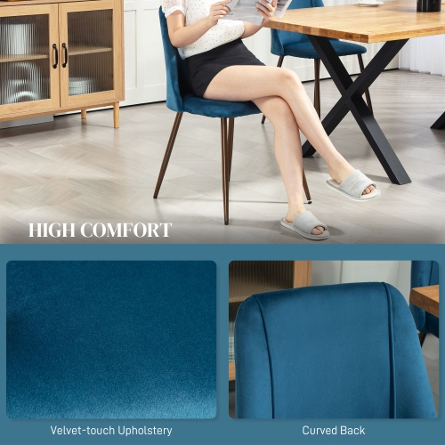 HOMCOM Dining Chairs Set of 4, Modern Kitchen Chairs with Velvet-touch Upholstery, Curved Back and Wood-grain Steel Legs, Accent Chairs for Living