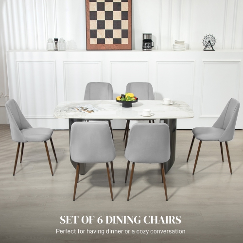 HOMCOM Dining Chairs Set of 6, Modern Kitchen Chairs with Velvet-touch Upholstery, Curved Back and Wood-grain Steel Legs, Accent Chairs for Living