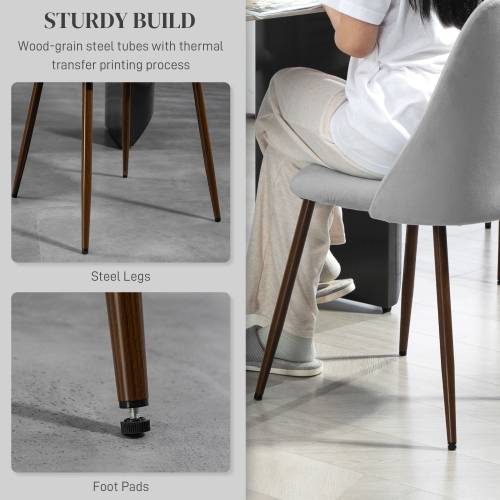 HOMCOM Dining Chairs Set of 6, Modern Kitchen Chairs with Velvet-touch Upholstery, Curved Back and Wood-grain Steel Legs, Accent Chairs for Living