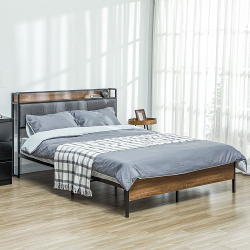 HOMCOM Full Bed Frame with Storage, Platform Bed Frame with Charging Station, Upholstered Headboard, Steel Slats, Noise Free and Easy Assembly, No