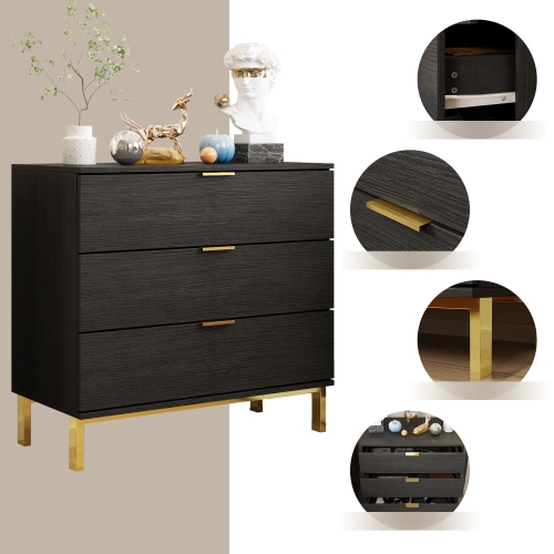 Homsee Modern 3-Drawer Dresser with Gold Accents – Spacious Storage for Bedroom or Living Room, Black