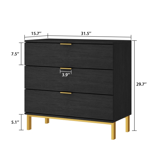 Homsee Modern 3-Drawer Dresser with Gold Accents – Spacious Storage for Bedroom or Living Room, Black