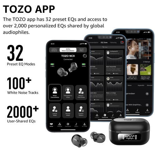 TOZO New Upgrade NC9 True Wireless Earbuds In-ear LED Digital Power Display with 6 MicsANC Noise Cancel IPX8 Waterproof Stereo Bass Heasets-Black