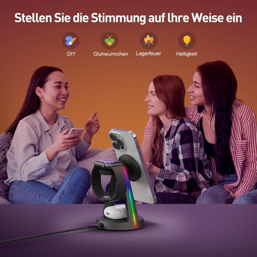 2024 Version RGB 3 in 1 Wireless Charging Station for iPhone Apple Watch AirPods Multiple Devices, Magnetic Wireless Charger Dock, Travel Charger for