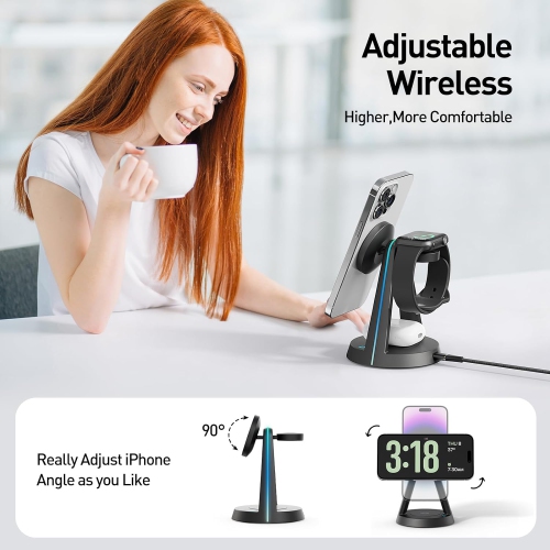 2024 Version RGB 3 in 1 Wireless Charging Station for iPhone Apple Watch AirPods Multiple Devices, Magnetic Wireless Charger Dock, Travel Charger for