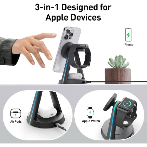 2024 Version RGB 3 in 1 Wireless Charging Station for iPhone Apple Watch AirPods Multiple Devices, Magnetic Wireless Charger Dock, Travel Charger for