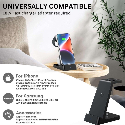 Phone Charger Stand: 3 in 1 Wireless Charging Station for Multiple Devices Apple-Compatible Charger for Apple Watch and Phone Charging Station
