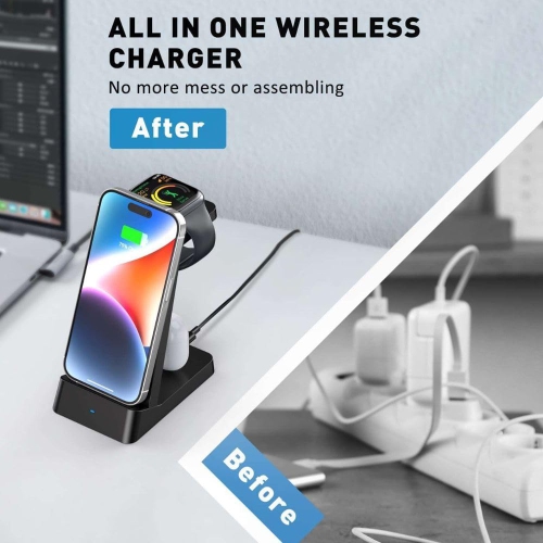Phone Charger Stand: 3 in 1 Wireless Charging Station for Multiple Devices Apple-Compatible Charger for Apple Watch and Phone Charging Station
