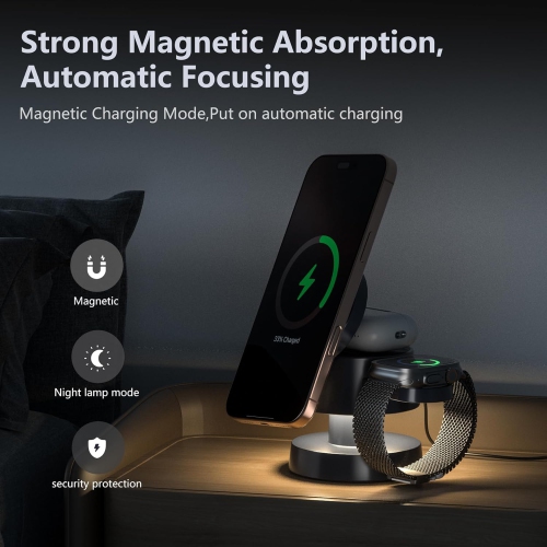 4 in 1 Wireless Charging Station with Night-Lamp for MagSafe Magnetic Fast Charger iPhone Wireless Stand, Travel Charger Multiple Devices