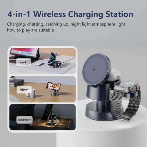 4 in 1 Wireless Charging Station with Night-Lamp for MagSafe Magnetic Fast Charger iPhone Wireless Stand, Travel Charger Multiple Devices