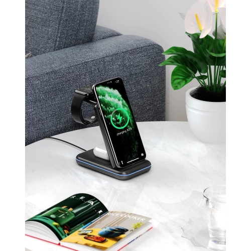 Station de chargement sans fil, socle de chargement rapide sans fil 3-en-1 pour iPhone 16/15/14/13/12/11/Pro/Max/XS/XR/X/8/Plus, pour Apple Watch