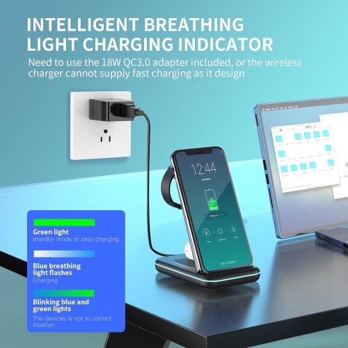 Station de chargement sans fil, socle de chargement rapide sans fil 3-en-1 pour iPhone 16/15/14/13/12/11/Pro/Max/XS/XR/X/8/Plus, pour Apple Watch