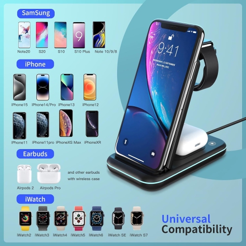 Station de chargement sans fil, socle de chargement rapide sans fil 3-en-1 pour iPhone 16/15/14/13/12/11/Pro/Max/XS/XR/X/8/Plus, pour Apple Watch