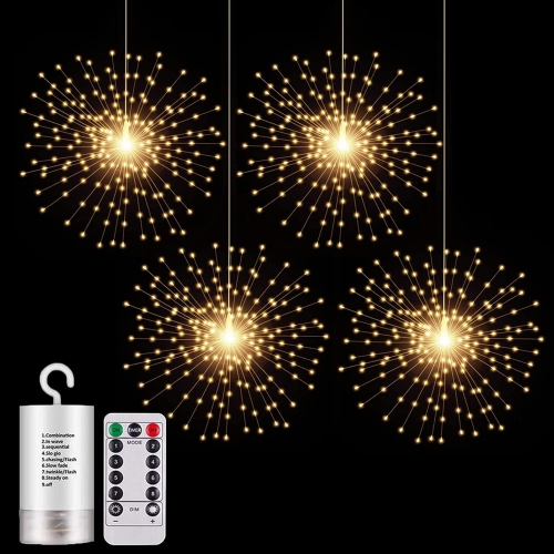 HTUTWOO  4 Pack Starburst Sphere Lights, 200 Led Firework Lights, 8 Modes Dimmable Remote Control Waterproof Hanging Fairy Light, Copper Wire Lights