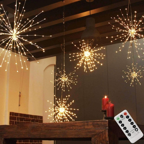 HTUTWOO  200Led Firework Lights, Battery Operated Starburst Sphere Lights, 8 Modes Dimmable Remote Control, Waterproof Fairy Light, Copper Wire Lights