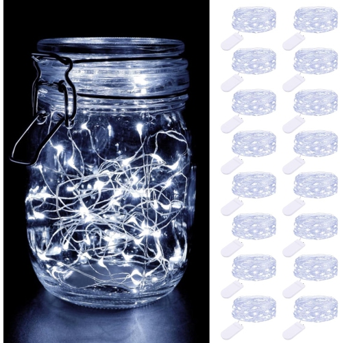 16 Pack Fairy Lights Battery Powered, 7FT 20LED Mini String Lights Twinkle Lights Waterproof, Silver Wire Fairy Lights Battery Operated Mason Jar