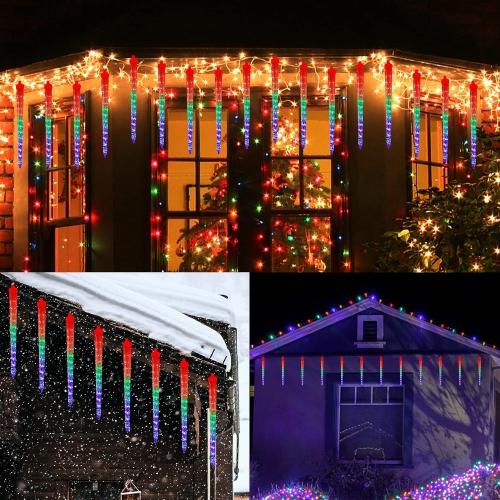Meteor Shower Lights, 12" Outdoor Icicle Christmas Lights 8 Icicles 192 SMD LED Crystal Ice Falling Lights, Connectable Raindrop Lights, Xmas Winter
