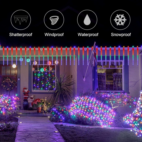 Meteor Shower Lights, 12" Outdoor Icicle Christmas Lights 8 Icicles 192 SMD LED Crystal Ice Falling Lights, Connectable Raindrop Lights, Xmas Winter