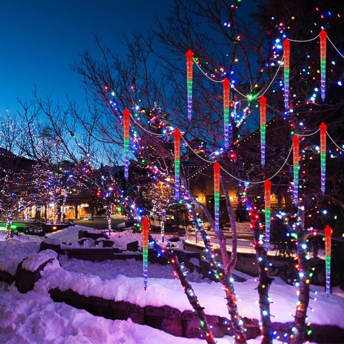 Meteor Shower Lights, 12" Outdoor Icicle Christmas Lights 8 Icicles 192 SMD LED Crystal Ice Falling Lights, Connectable Raindrop Lights, Xmas Winter