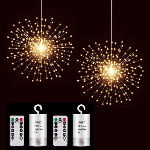 HTUTWOO  2 Pack Starburst Sphere Lights, 200 Lled Firework Lights, 8 Modes Dimmable Remote Control Waterproof Hanging Fairy Light, Copper Wire Lights