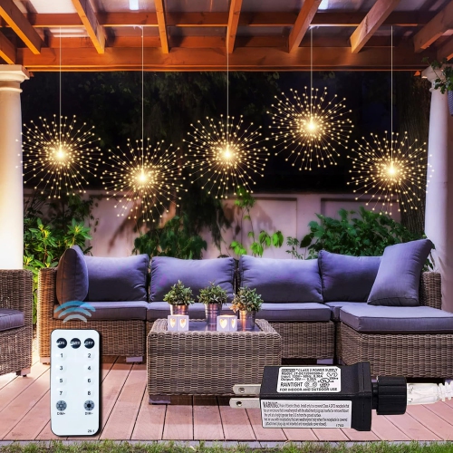 HTUTWOO  5 Pack 1000Led Plug In Starburst Sphere Lights, Firework Lights 8 Modes Dimmable Remote Control Waterproof Hanging Fairy Light, Copper Wire