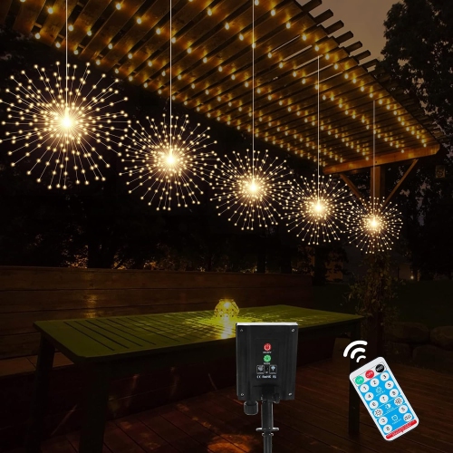 HTUTWOO  5 Pack Solar Starburst Sphere Lights, 200 Led Firework Lights, 8 Modes Dimmable Waterproof Hanging Fairy Light, Copper Wire Lights for Patio