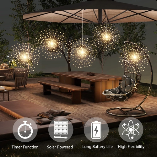 5 Pack Solar Starburst Sphere Lights,200 LED Firework Lights, 8 Modes Dimmable Waterproof Hanging Fairy Light, Copper Wire Lights for Patio Parties
